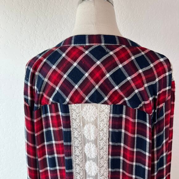 Vintage 90s Y2K Womens Button Up Tunic Top Plaid Lace Long Sleeve Western 2X - Picture 4 of 10